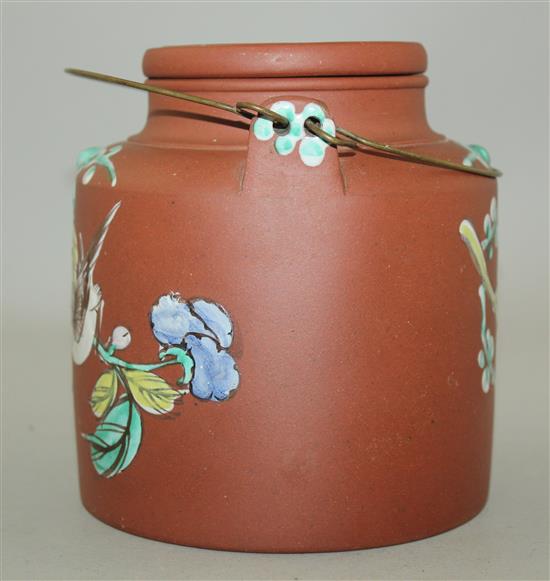 A Chinese Yixing enamelled pottery teapot and cover, second half 19th century, height 14cm excl. handle